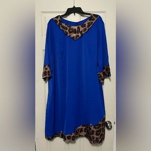 Women's Plus Colorblock Leopard Print Button Decor Long Sleeve V Neck Dress